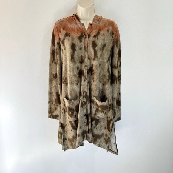 LOGO Lori Goldstein Shacket Shirt S Tunic Hoodie Sweatshirt Tie Dye Brown Button - Picture 1 of 9